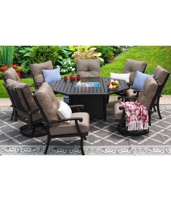 BARBADOS CUSHION ALUMINUM OUTDOOR PATIO 9PC SET 2-SWIVEL ROCKER 6-DINING CHAIR 71 inch OCTAGONAL FIRE TABLE SERIES 4000