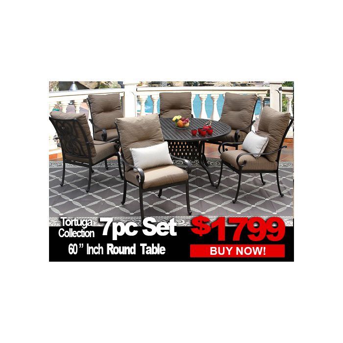 Tortuga 7 Piece Set With 60 Inch Round Table For 6 Person Patio Furniture Sale