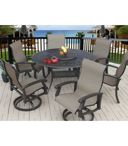 Barbados Sling Outdoor Patio 7pc Dining Set with 60" Round Table Series 2000 - Dining Chairs & Swivel Rockers - Antique Bronze Finish