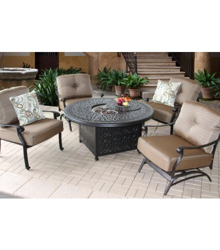 Elisabeth Fire Pit Outdoor Patio 4 Person Deep Seating Set with 52 Inch Fire Table - Includes (2) Spring Rockers (2) Club Chairs, Burner, Seat & Back Cushions