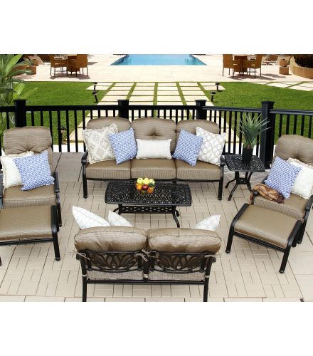 Elisabeth 8pc Deep Seating Set Sofa Loveseat Adjustable Club Chairs Coffee Table and End Table