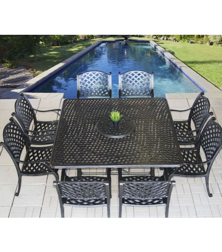 Nassau Outdoor Patio 9pc Dining Set with 64 Inch Square Table Series 5000 - Includes Cushions - (All Standard Chairs) - Antique Bronze Finish