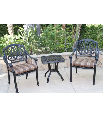 Heritage Outdoor Living Cast Aluminum Elisabeth Outdoor Patio 3pc Set with 21" Square End Table - Includes 2 Standard Dining Chairs with Seat Cushions & 21" End Table - Antique Bronze Finish