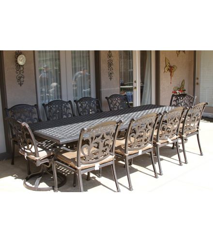 Flamingo 11pc Outdoor Patio Dining Set with 46x120 Rectangle Table Series 3000 - Antique Bronze- Includes Swivel Rockers and Dining Chairs with Seat Cushions
