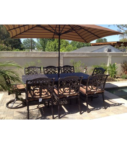 Flamingo Outdoor Patio 9pc Dining Set with 44x84 Rectangle Table - Includes 2 Swivel Rockers, 6 Standard Dining Chairs, 6.5' x 10.5' Rectangle Umbrella & Umbrella Base - Antique Bronze Finish