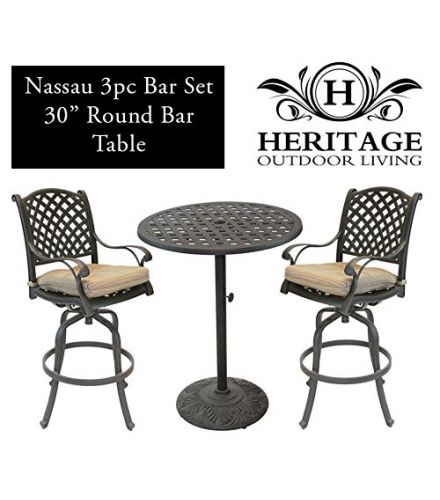 Heritage Outdoor Living Nassau Cast Aluminum 3pc Bar Set with 30" Round Table - Antique Bronze