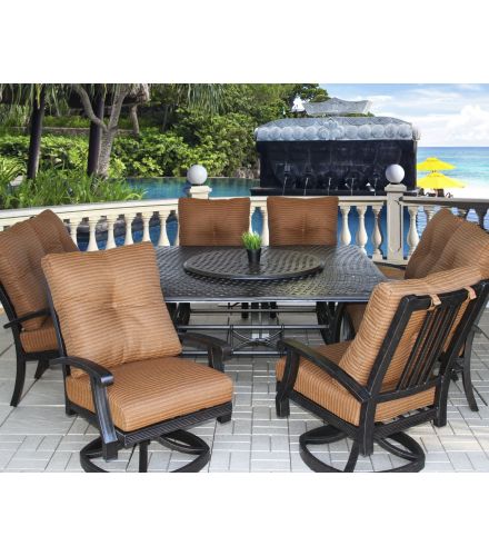 Barbados Cushion Outdoor Patio 9pc DINING Set with Series 5000 64x64 Square Table - Includes 35 Inch Lazy Susan & Cushions - Antique Bronze Finish