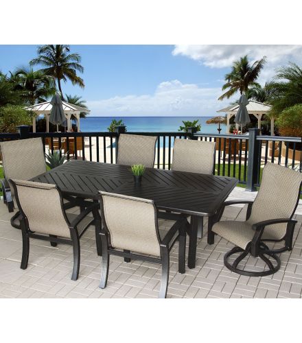 Barbados Sling Outdoor Patio 7pc Dining Set with 44x86 Rectangle Table Series 4000 - Antique Bronze Finish