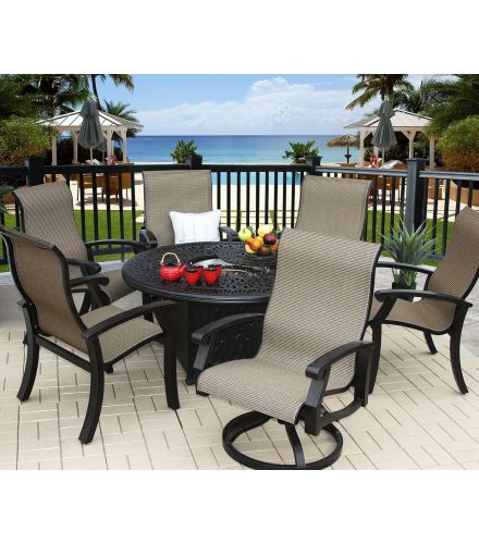 Barbados Sling Outdoor Patio 7pc Fire Pit Set with 52 Inch Round Fire Pit Series 2000 - Includes (2) Swivel Rockers, (4) Dining Chairs & Burner - Antique Bronze Finish