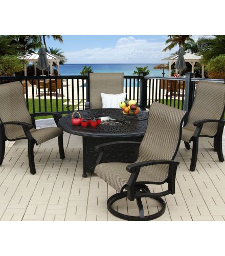 Series 2000 Cast Aluminum Barbados Sling Outdoor Patio 5pc Fire Pit Set with 52" Round Fire Pit - Includes (2) Swivel Rockers, (2) Dining Chairs & Burner - Antique Bronze Finish