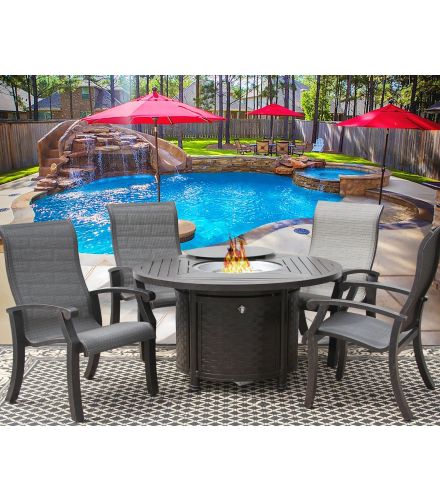 Barbados Sling Outdoor Patio 5pc Dining Set for 4 Person with 50" Round Fire Table Series 4000 - Antique Bronze Finish