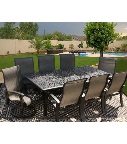 Barbados Sling Outdoor Patio 9pc Dining Set for 8 Person with 44X84 RECTANGLE SERIES 2000 Table - Antique Bronze Finish