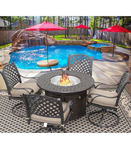 Nassau 42" Round Outdoor Patio 5pc Dining Set for 4 Person with Round Fire Table Series 7000 - Antique Bronze Finish