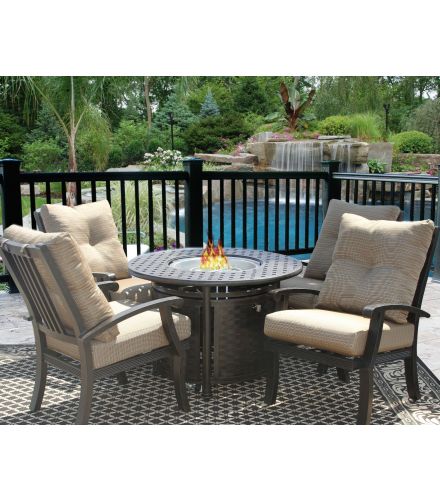 Barbados Cushion Fire Pit Outdoor Patio 5pc Dining Set for 4 Person with 42" Round Fire Table Series 7000 - Antique Bronze Finish