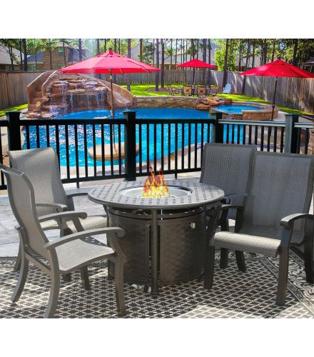 Barbados Sling Outdoor Patio 5pc Dining Set for 4 Person with 42" Round Fire Table Series 7000 - Antique Bronze Finish