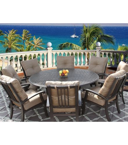 Barbados Cushion Outdoor Patio 9pc Dining Set for 8 Person with 71 Inch Round Series 5000 Table - Antique Bronze Finish