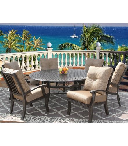 Barbados Cushion Outdoor Patio 7pc Dining Set for 6 Person with 71 Inch Round Table Series 5000 - Antique Bronze Finish