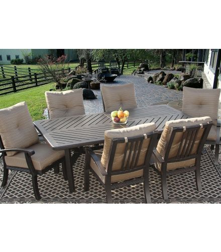 Barbados Cushion Outdoor Patio 7pc Dining Set for 6 Person with 44x86 Rectangle Table Series 4000 - Antique Bronze Finish