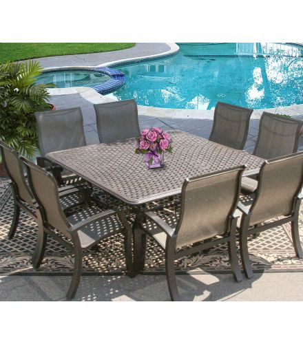 Barbados Sling Outdoor Patio 9pc Dining Set for 8 Person with 64x64 Square Series 5000 Table - Antique Bronze Finish