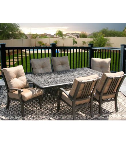 Barbados Cushion Outdoor Patio 7pc Dining Set for 6 Person with 44X84 RECTANGLE SERIES 2000 TABLE - Antique Bronze Finish