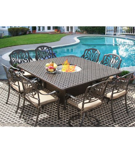 Eli 64x64 Square Outdoor Patio 9pc Dining Set for 8 Person with fire table Series 7000 - Atlas - Antique Bronze Finish