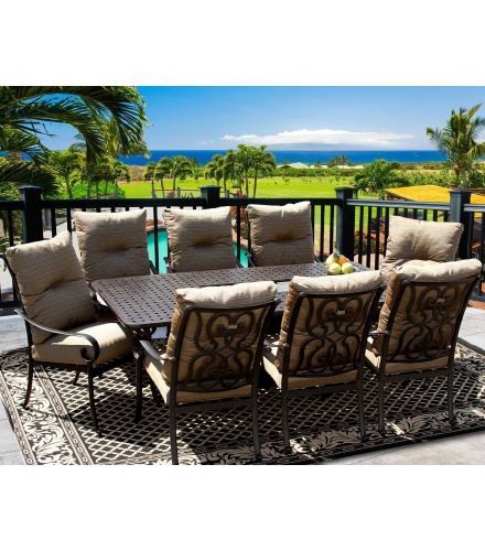 Tortuga 42x84 Rectangle Outdoor Patio 9pc Dining Set for 8 Person with Rectangle Fire Table Series 7000 - Atlas - Antique Bronze Finish