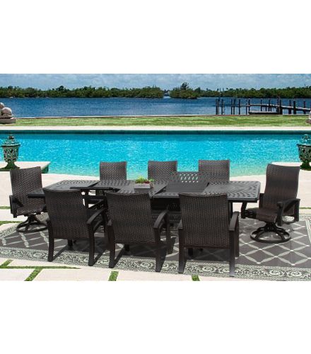 Barbados Woven Outdoor Patio 9pc Dining Set with 48x84-132 Inch Extendable Table Series 6000 