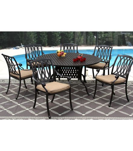 SAN MARCOS CAST ALUMINUM OUTDOOR PATIO 7PC SET 60 Inch ROUND DINING TABLE Series 3000 WITH Sunbrella® SESAME LINEN CUSHION