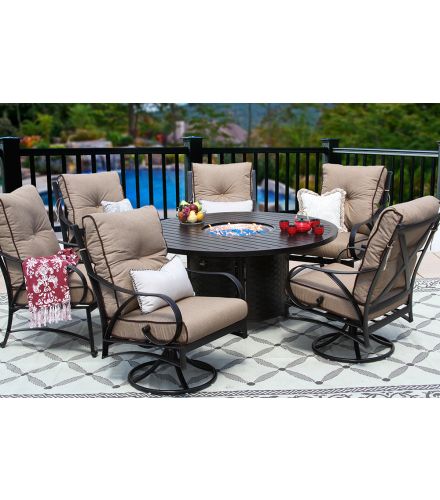 NEWPORT CAST ALUMINUM OUTDOOR PATIO 7PC SET 60 Inch ROUND DINING FIRE TABLE Series 4000 WITH SESAME LINEN CUSHION