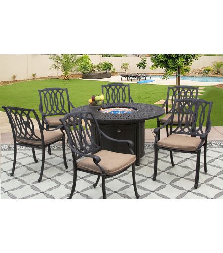 SAN MARCOS CAST ALUMINUM OUTDOOR PATIO 7PC SET 52 Inch ROUND DINING FIRE TABLE Series 2000 WITH Sunbrella® SESAME LINEN CUSHION