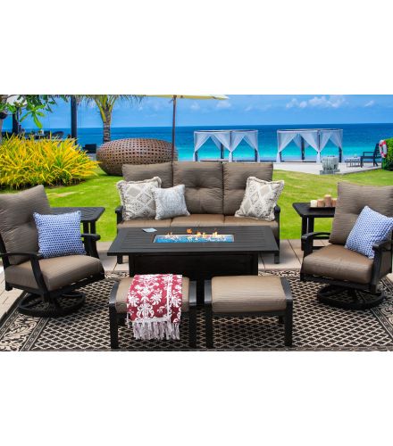 BARBADOS CUSHION ALUMINUM OUTDOOR PATIO 8PC SET SOFA, 2-CLUB SWIVEL ROCKER & OTTOMAN, 2-END TABLES 34X58 RECTANGLE FIREPIT SERIES 4000 WITH WALNUT BROWN CUSHION - ANTIQUE BRONZE