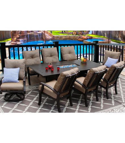 BARBADOS CUSHION ALUMINUM OUTDOOR PATIO 9PC SET 2-SWIVEL ROCKER, 6-DINING CHAIR 47 X 90 RECT FIRETABLE SERIES 4000 WITH WALNUT BROWN CUSHION - ANTIQUE BRONZE