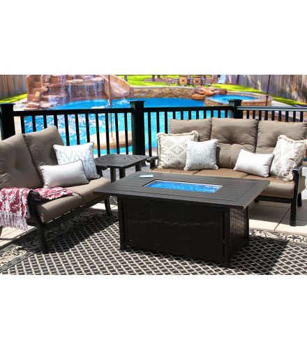 BARBADOS CUSHION ALUMINUM OUTDOOR PATIO 4PC SET SOFA, LOVESEAT, END TABLE 34 X 58 RECT FIRETABLE SERIES 4000 WITH WALNUT BROWN CUSHION - ANTIQUE BRONZE