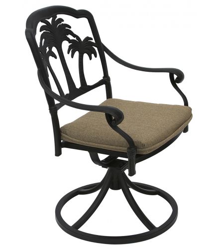 PALM TREE ALUMINUM OUTDOOR PATIO SWIVEL ROCKER DINING CHAIR WITH SEAT CUSHION - ANTIQUE BRONZE