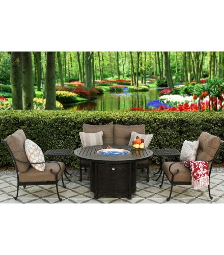 TORTUGA CAST ALUMINUM OUTDOOR PATIO 6PC SET LOVESEAT, 2-CLUB CHAIRS, 2-END TABLE 50 Inch ROUND FIRE TABLE Series 4000 WITH Sunbrella SESAME LINEN CUSHION
