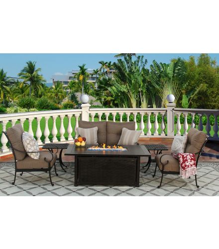 TORTUGA CAST ALUMINUM OUTDOOR PATIO 6PC SET LOVESEAT, 2-CLUB CHAIRS, 2-END TABLE 34X58 Inch FIRE TABLE Series 4000 WITH Sunbrella SESAME LINEN CUSHION