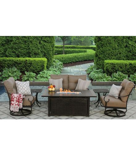 TORTUGA CAST ALUMINUM OUTDOOR PATIO 6PC SET LOVESEAT, 2-CLUB SWIVEL ROCKER CHAIRS, 2-END TABLE 34X58 Inch FIRE TABLE Series 4000 WITH Sunbrella SESAME LINEN CUSHION