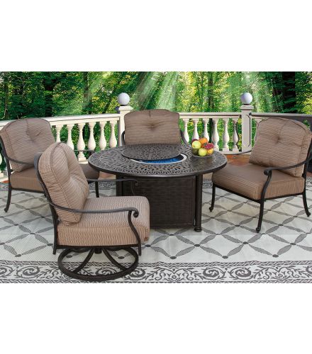 SAN MARCOS CAST ALUMINUM OUTDOOR PATIO 5PC SET 2- CLUB SWIVEL ROCKERS, 2- CLUB CHAIRS 52 Inch ROUND FIRE TABLE Series 2000 WITH WALNUT BROWN CUSHION