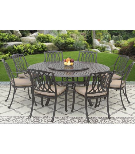 SAN MARCOS CAST ALUMINUM OUTDOOR PATIO 9PC SET 8-DINING CHAIRS 71 Inch ROUND TABLE & LAZY SUSAN SERIES 5000 WITH Sunbrella SESAME LINEN CUSHION