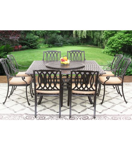 SAN MARCOS CAST ALUMINUM OUTDOOR PATIO 9PC SET 8-DINING CHAIRS 64 Inch SQUARE TABLE Series 5000 & LAZY SUSAN WITH Sunbrella® SESAME LINEN CUSHION