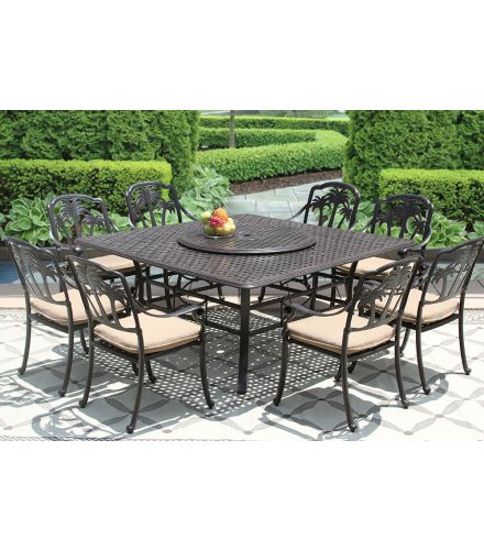 PALM TREE CAST ALUMINUM OUTDOOR PATIO 9PC SET 8-DINING CHAIRS 64 Inch SQUARE TABLE Series 5000 & LAZY SUSAN WITH Sunbrella SESAME LINEN CUSHION