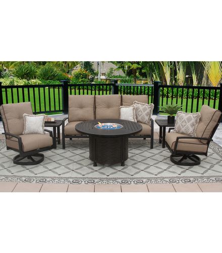 QUINCY OUTDOOR PATIO 6PC SOFA CLUB SWIVEL ROCKERS END TABLES ROUND FIRE TABLE SERIES 4000 WITH SESAME LINEN CUSHION - ANTIQUE BRONZE