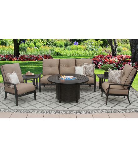 QUINCY ALUMINUM OUTDOOR PATIO 6PC SOFA, 2-CLUB CHAIRS, 2-END TABLES 50 Inch ROUND FIRE TABLE SERIES 4000 WITH SESAME LINEN CUSHION - ANTIQUE BRONZE