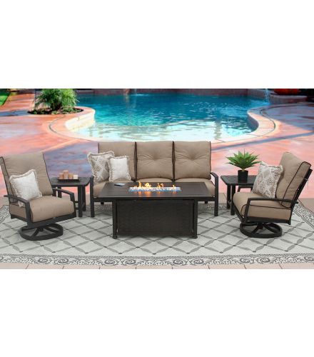 QUINCY ALUMINUM OUTDOOR PATIO 6PC SOFA, 2-CLUB SWIVEL ROCKERS, 2-END TABLES 34X58 RECTANGLE FIREPIT SERIES 4000 WITH SESAME LINEN CUSHION - ANTIQUE BRONZE