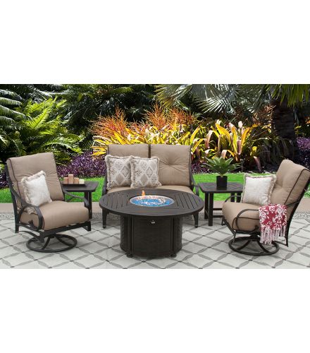 NEWPORT ALUMINUM OUTDOOR PATIO 6PC LOVESEAT, 2-CLUB SWIVEL ROCKERS, 2-END TABLES ROUND FIREPIT SERIES 4000 WITH SESAME LINEN CUSHION - ANTIQUE BRONZE