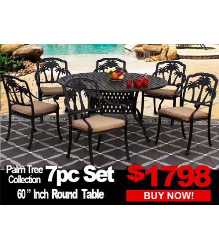 Patio Furniture Sale: Palm Tree 7 Piece set with 60 inch Round Table For 6 Person