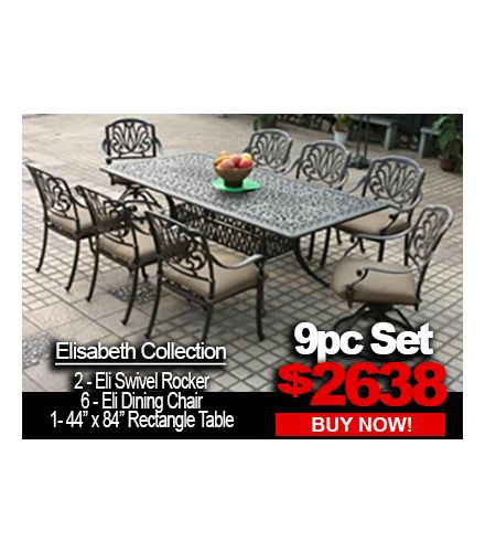 Patio Furniture Sale: ELISABETH 9pc set with 2-Swivel Rocker 6-Dining Chairs and 44x84 Rectangle Table
