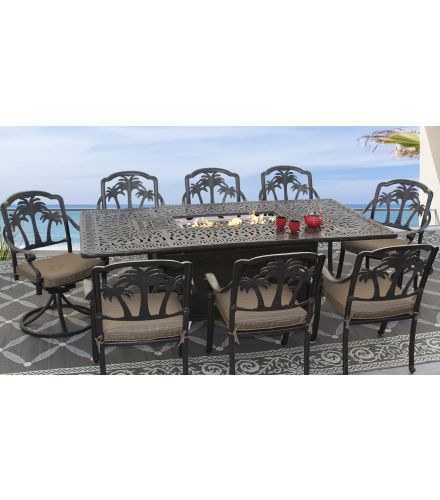 Palm Treee Outdoor Patio 9pc Dining Set with 44x84 Inch Rectangle Fire Table Series 2000 