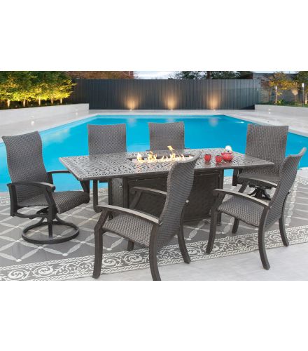 Barbados Woven Outdoor Patio 7pc Dining Set with 44x84 Inch Rectangle Fire Table Series 2000 