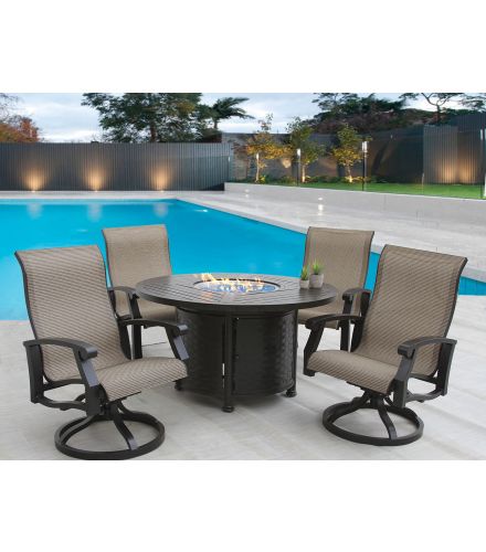 Barbados Sling Outdoor Patio 5pc Dining Set with 50 Inch Round Fire Table Series 4000 